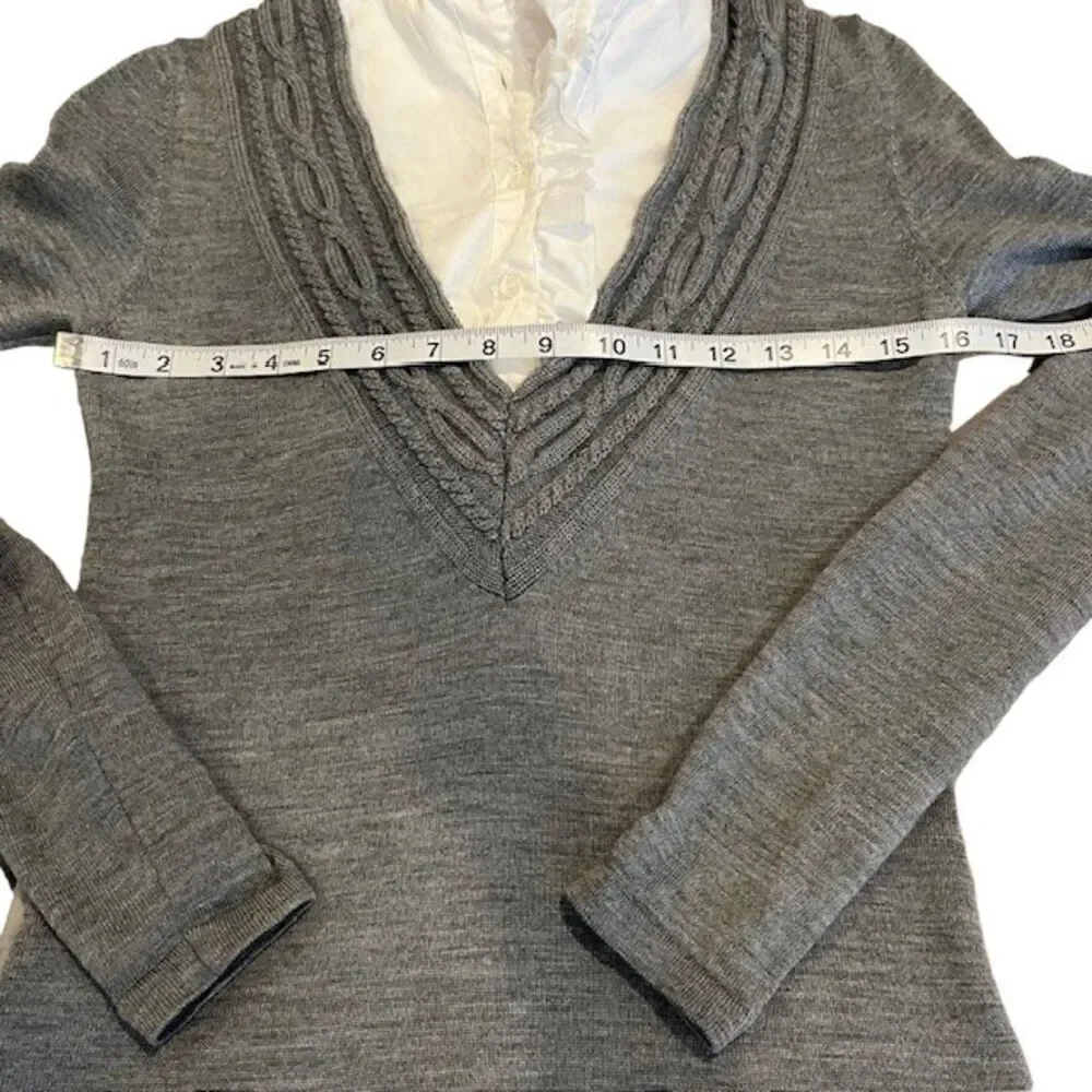 Tory Burch Wool V-Neck Charcoal Sweater With Removable White Ruffle Dickey Small